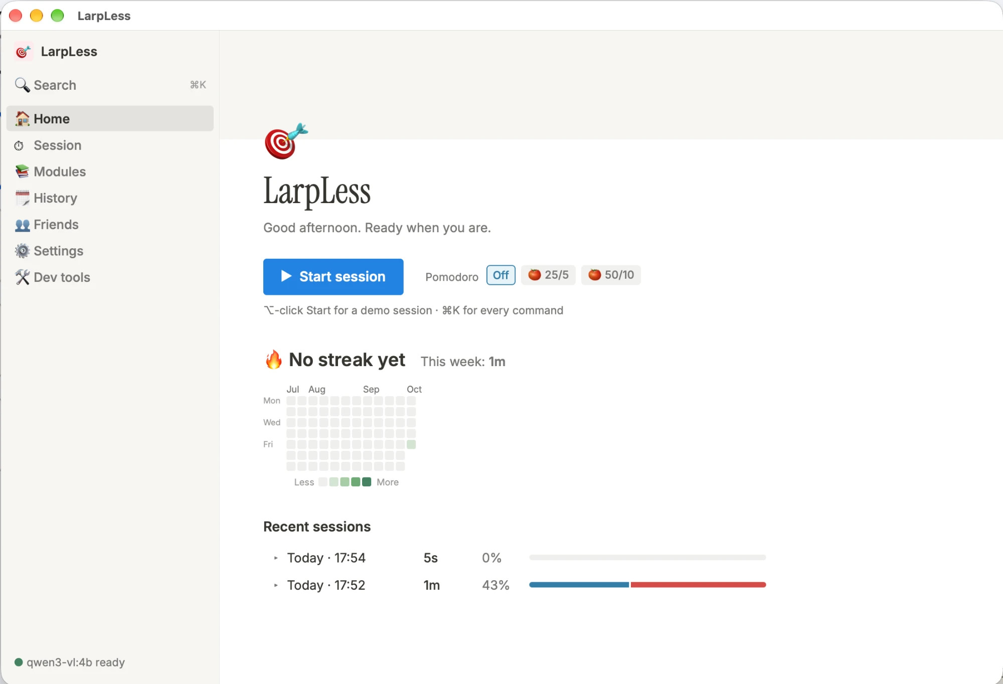 LarpLess home screen: Start session, Pomodoro presets, a streak heatmap, and recent sessions